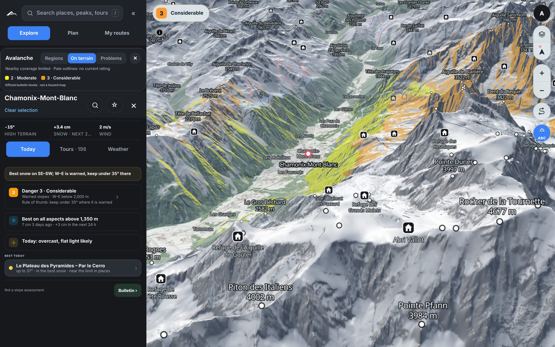 Vertex Maps on desktop: the Mont Blanc massif in 3D with the avalanche bulletin painted on the slopes it warns about, danger 3 above 2,000 m and 2 below