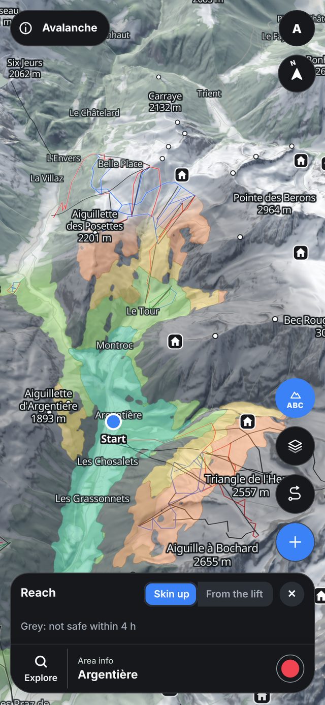 Reach layer from Argentière: how far you can skin in one to four hours, grey where it crosses slopes today's bulletin warns about